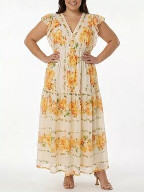 Taylor Plus Size Floral-Print Flutter-Sleeve Maxi Dress